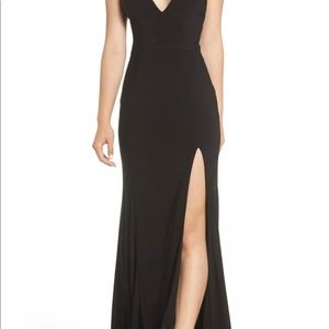 mac duggal plunge neck slit jersey gown